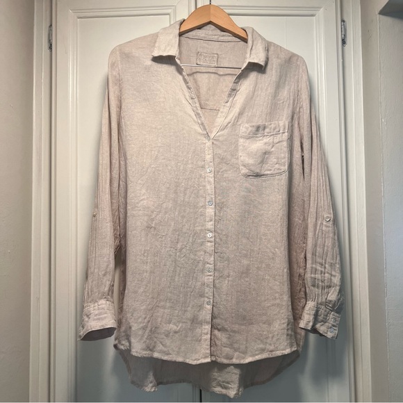 Sigrid Olsen Tops - Sigrid Olsen Linen Button Front Tunic Top Beige Long Sleeve Pocket Large Collar